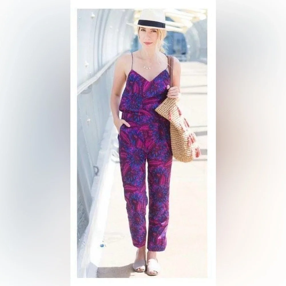 J. Crew Women's Floral Silk Strappy Back Midnight Jumpsuit π - Picture 2 of 9
